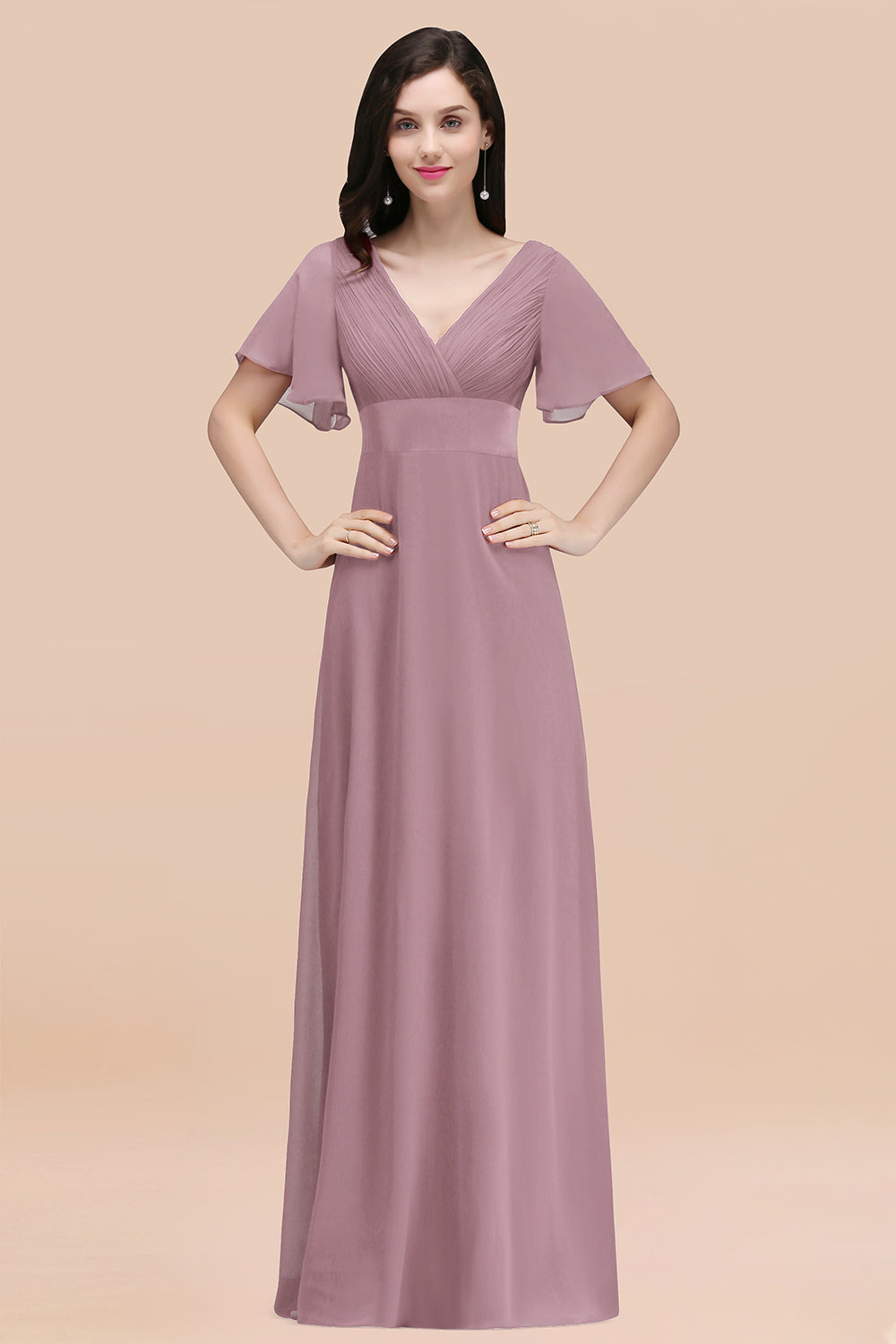 Affordable V-Neck Ruffle Long Burgundy Bridesmaid Dresses With Short-Sleeves