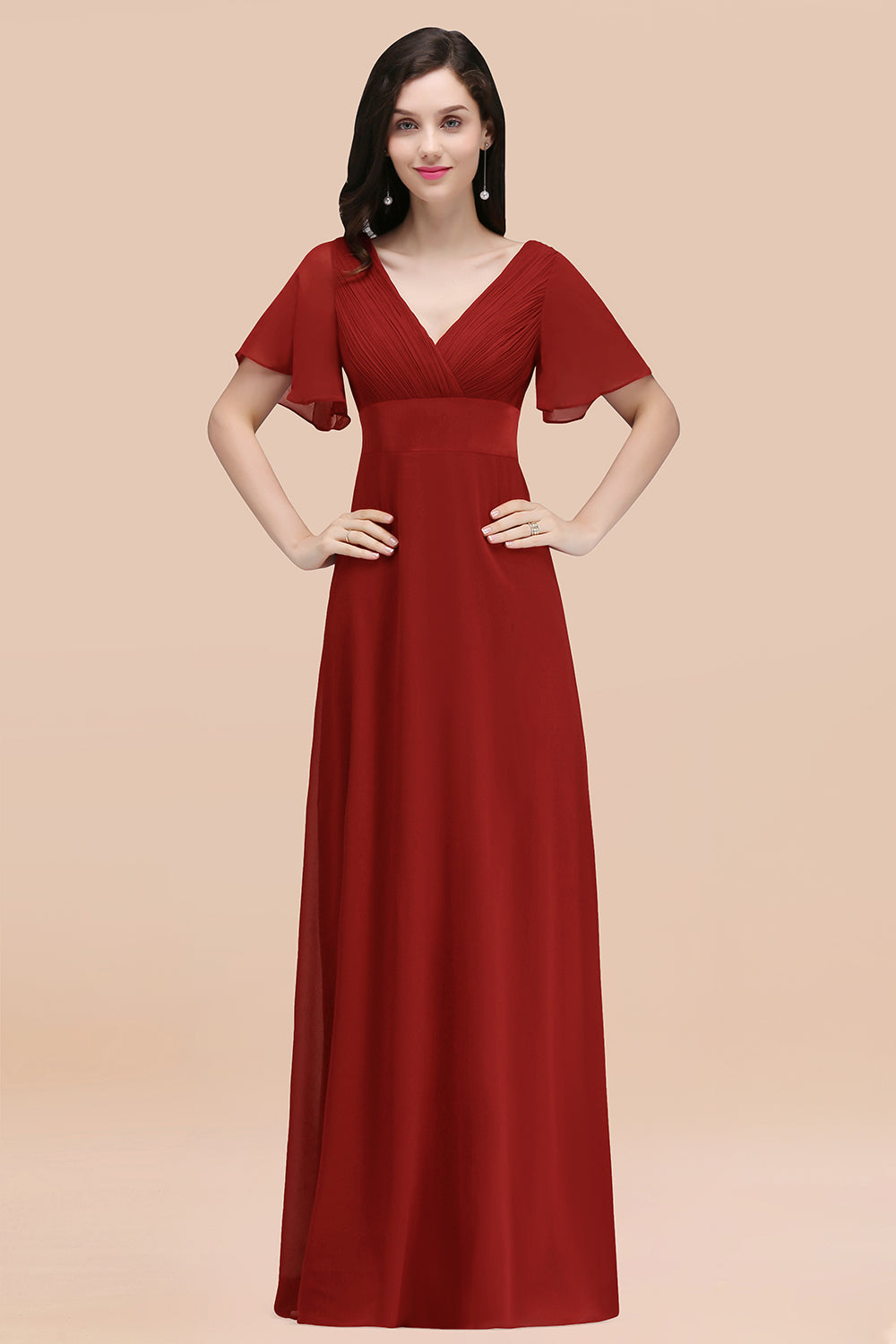 Affordable V-Neck Ruffle Long Burgundy Bridesmaid Dresses With Short-Sleeves