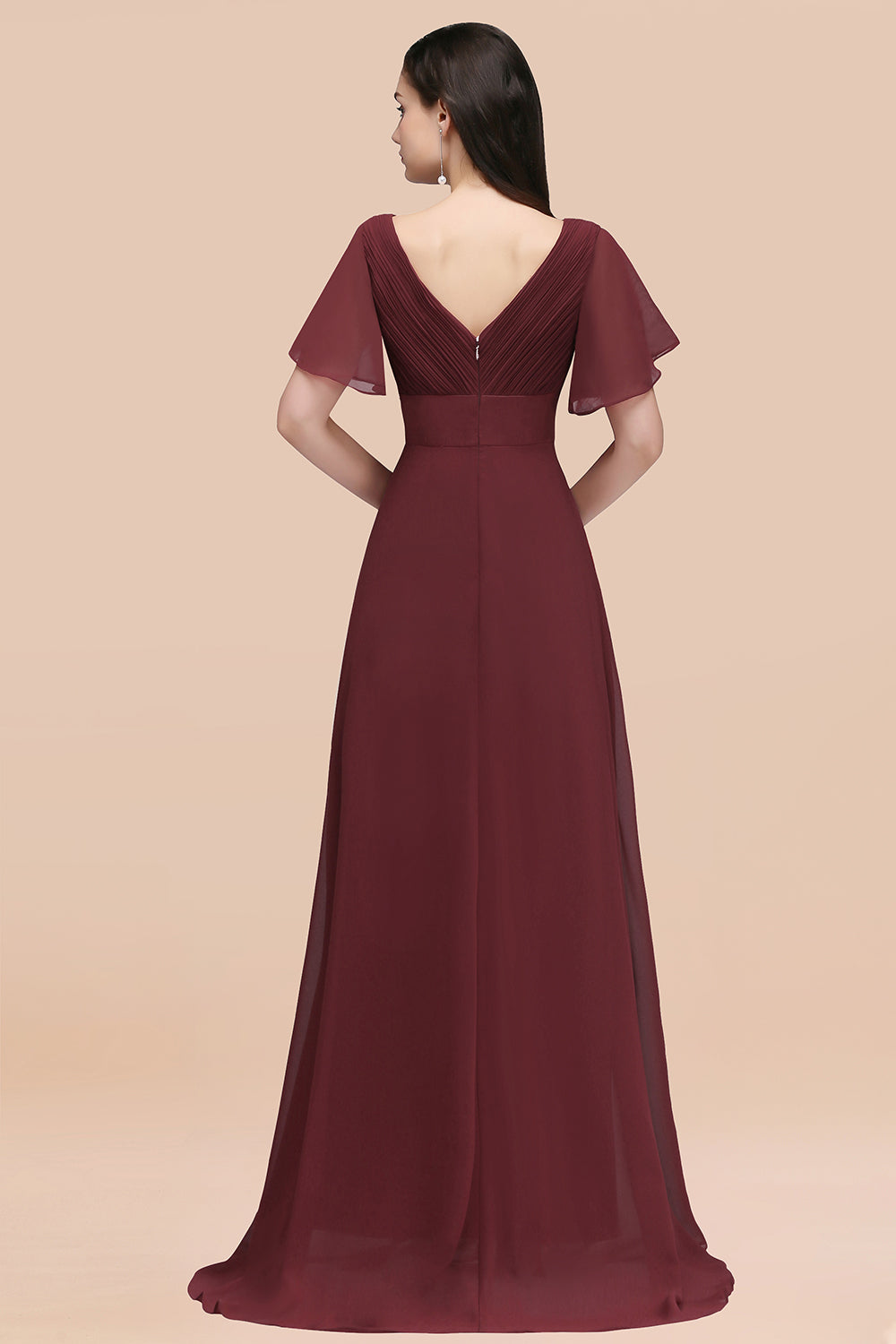 Affordable V-Neck Ruffle Long Burgundy Bridesmaid Dresses With Short-Sleeves