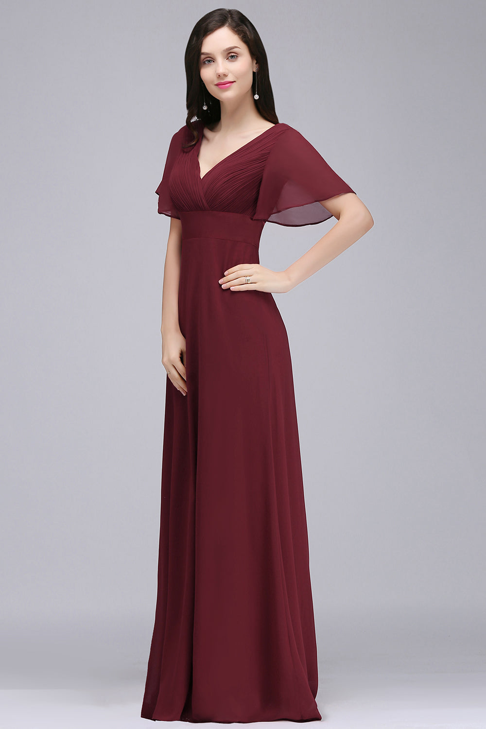 Affordable V-Neck Ruffle Long Burgundy Bridesmaid Dresses With Short-Sleeves