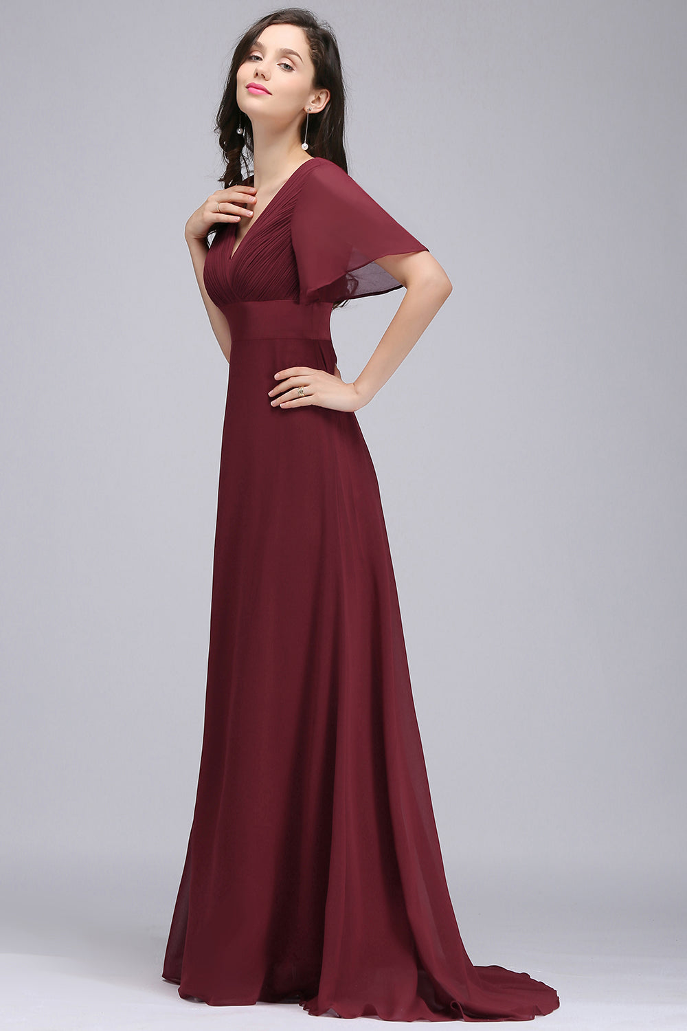 Affordable V-Neck Ruffle Long Burgundy Bridesmaid Dresses With Short-Sleeves