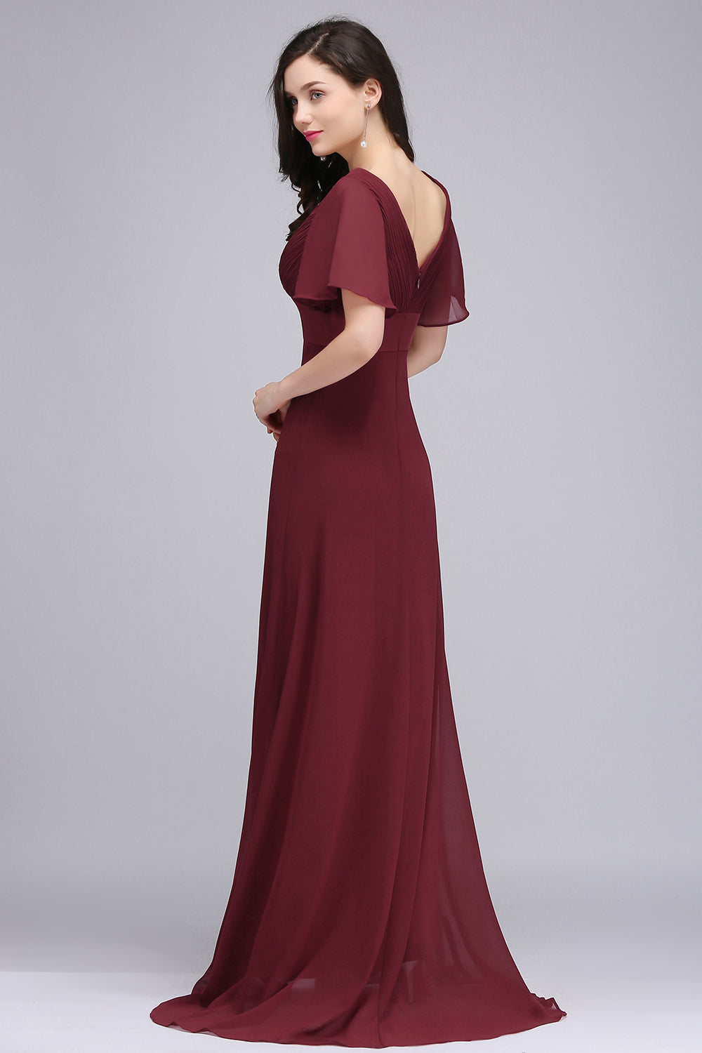 Affordable V-Neck Ruffle Long Burgundy Bridesmaid Dresses With Short-Sleeves