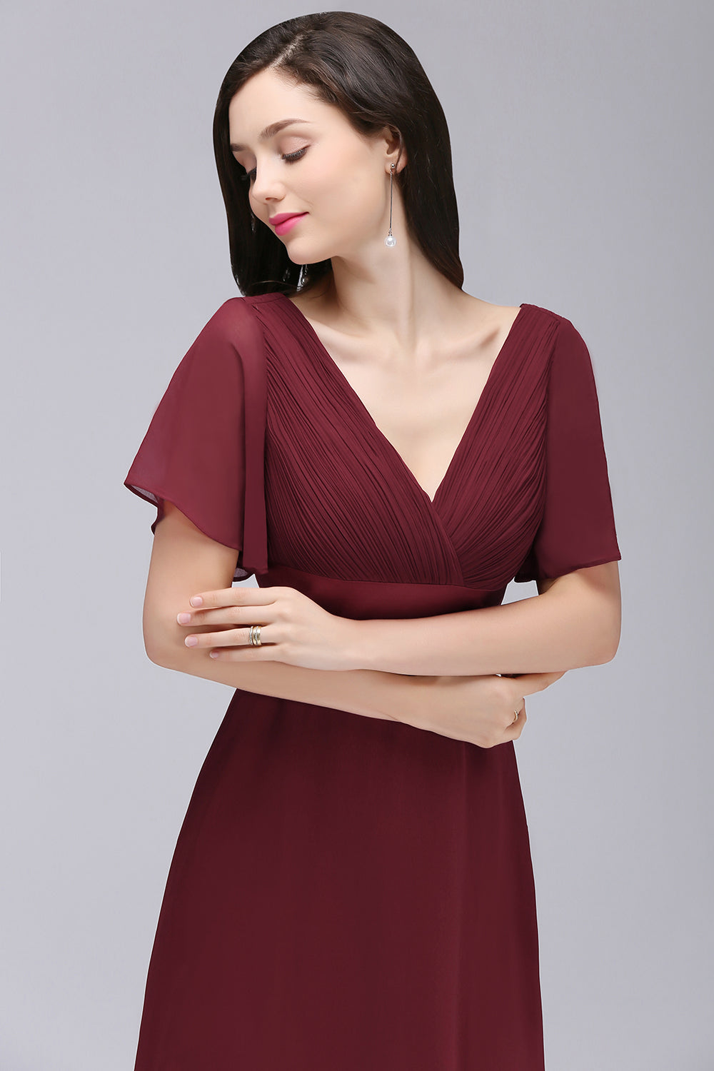 Affordable V-Neck Ruffle Long Burgundy Bridesmaid Dresses With Short-Sleeves