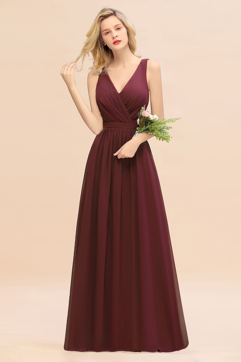 Affordable V-Neck Ruffle Long Grape Chiffon Bridesmaid Dresses with Bow - Fashionpara