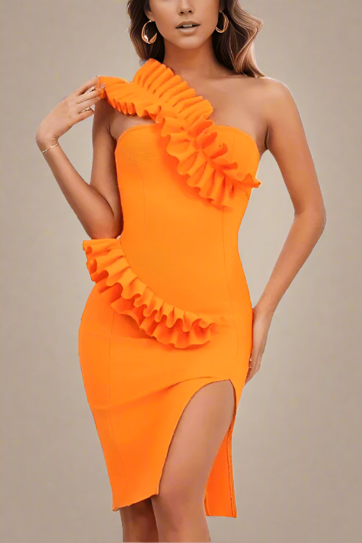 Woman wearing a figure flattering  Aimee Bodycon Dress - Apricot Orange BODYCON COLLECTION