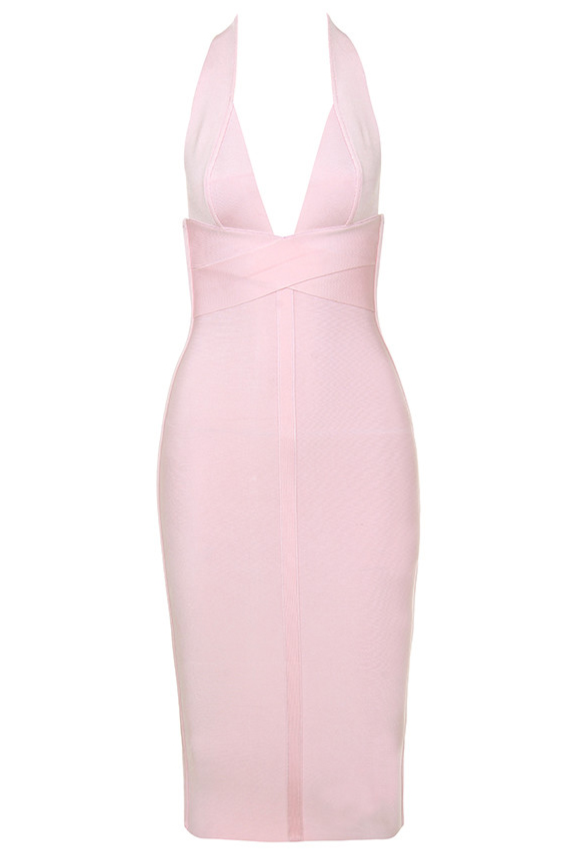 Woman wearing a figure flattering  Ali Bandage Midi Dress - Baby Pink Bodycon Collection