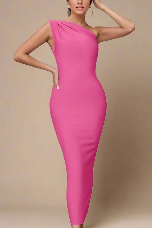 Woman wearing a figure flattering  Ally Bodycon Midi Dress - Hot Pink Bodycon Collection