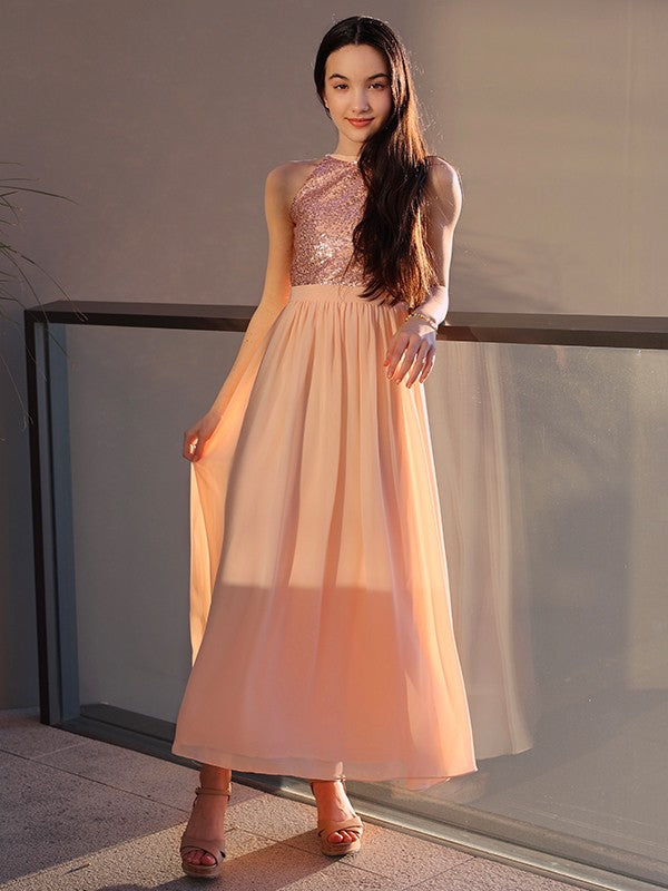 Amazing Chiffon Sequin Scoop Sleeveless Ankle-Length Junior/Girls Bridesmaid Dresses