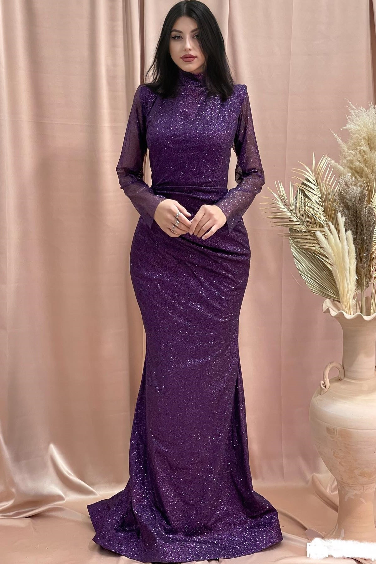 Amazing Column High Neck Long Sleeve Sequined Satin Prom Gown - Fashionpara