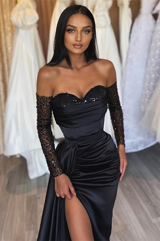 Amazing Long Black Mermaid Front Split Long Sequins Prom Dresses