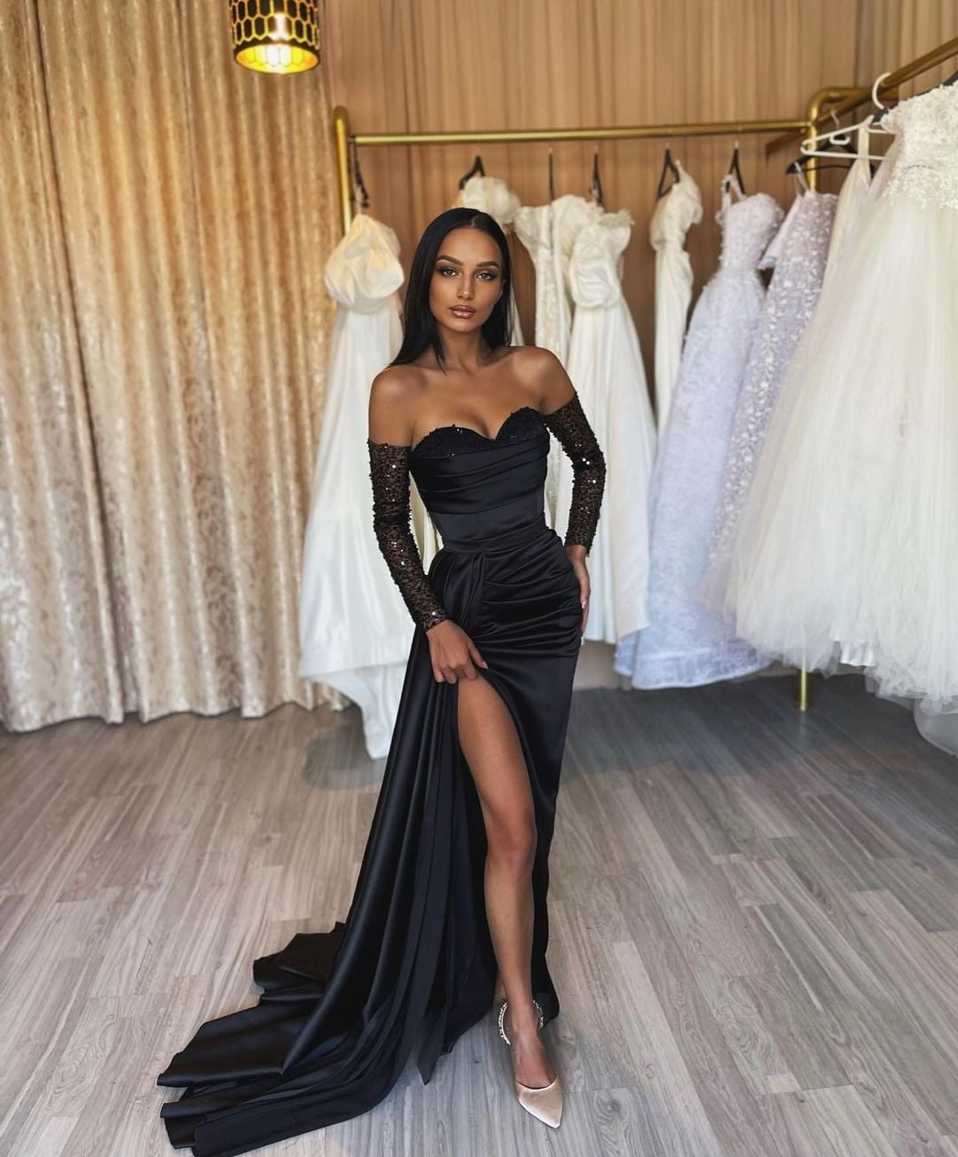 Amazing Long Black Mermaid Front Split Long Sequins Prom Dresses