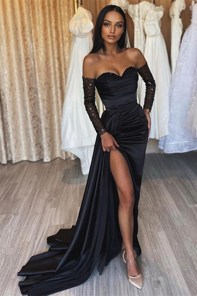 Amazing Long Black Mermaid Prom Dress with Front Slit and Sequined Embellishments