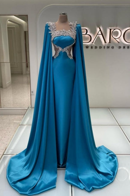 Amazing Long Blue Satin Rhinestone Evening Dress Designer Style - Fashionpara