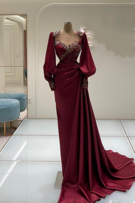 Amazing Long Burgundy Mermaid Beaded Lace Prom Dress with Long Sleeves - Fashionpara