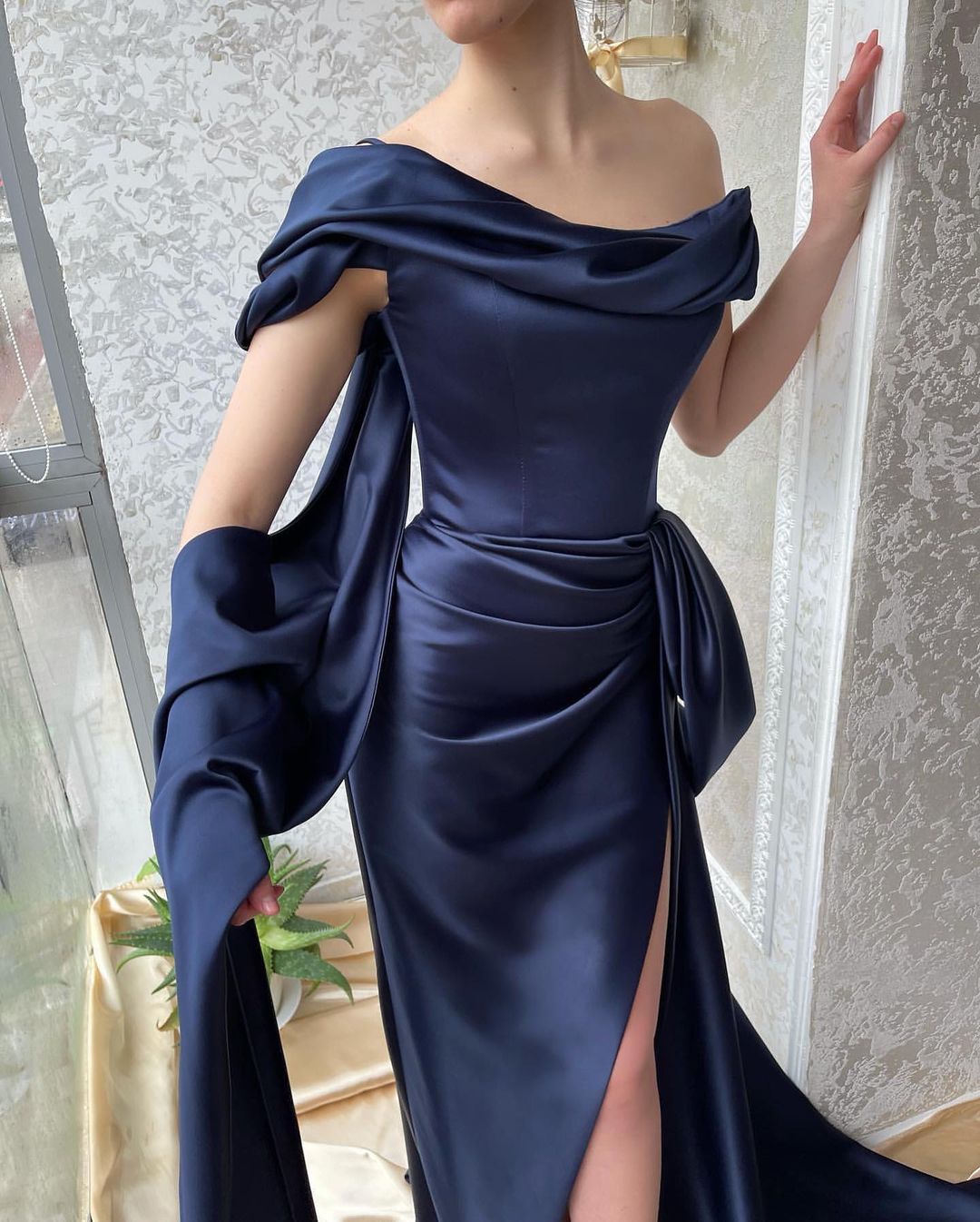 Amazing Navy Off-Shoulder Mermaid Prom Dress with a Slit