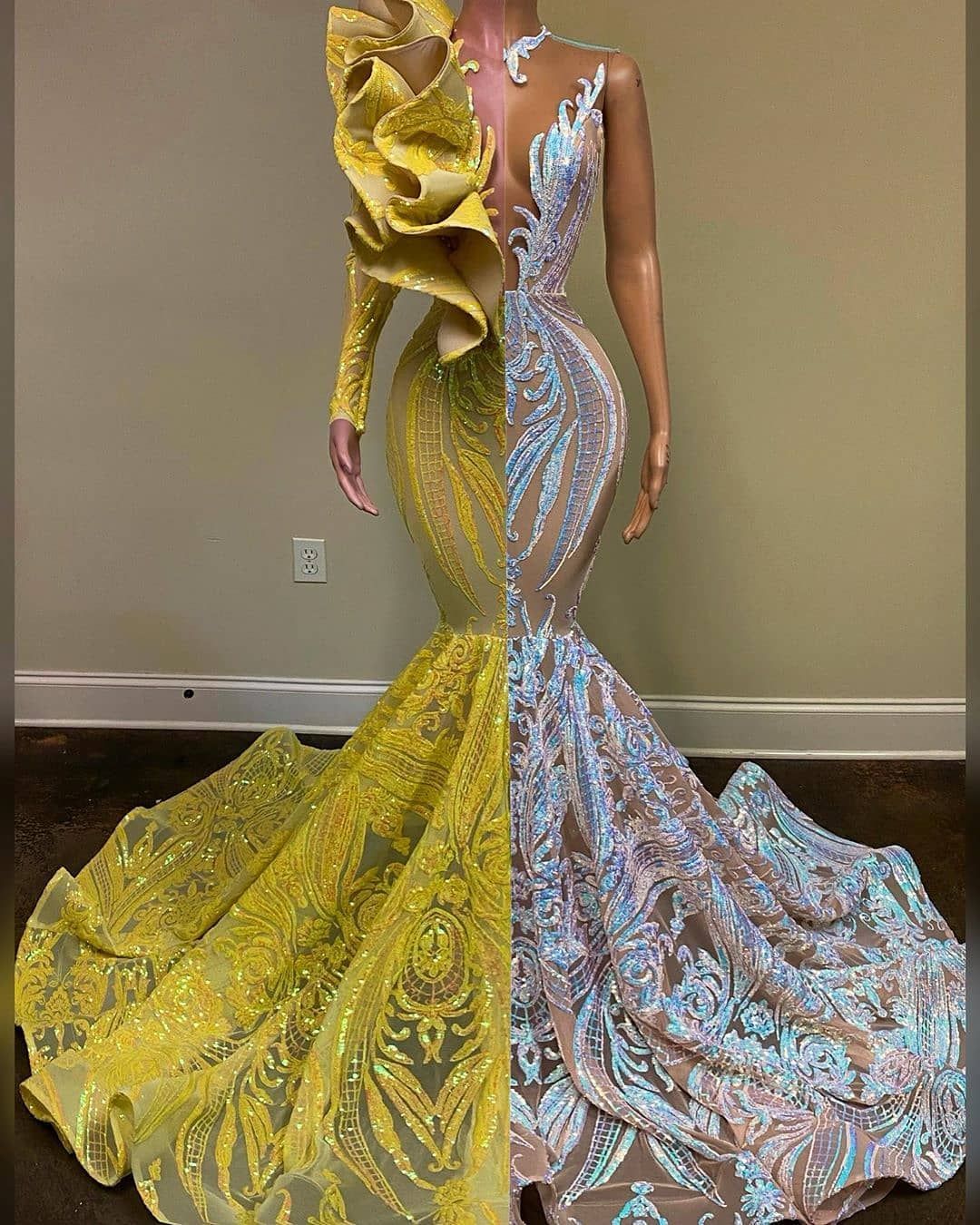 Amazing V-Neck One Shoulder Long Sleeve Long Mermaid Prom Dress