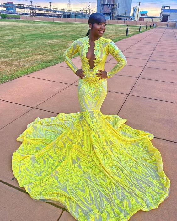 Amazing Yellow V-Neck Long Sleeve Long Appliques Mermaid Prom Dress