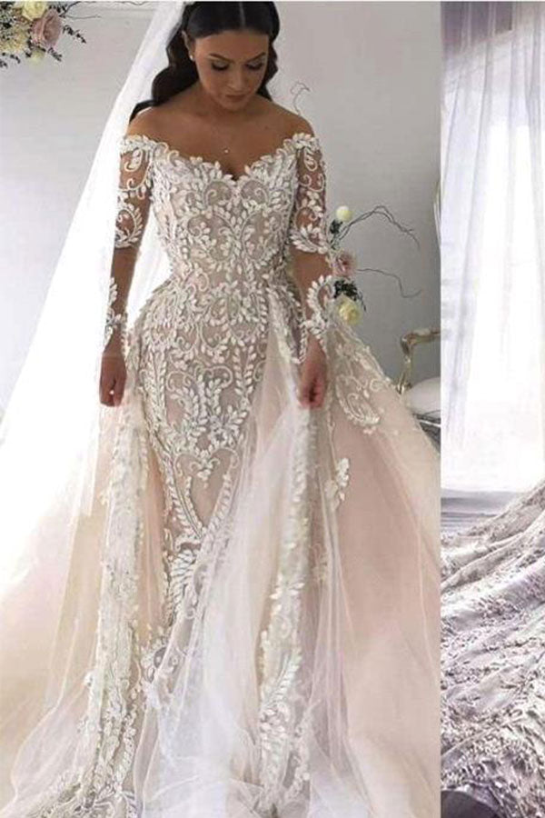 AmazingIvory Off the shoulder Lace Long Sleevess Wedding Dress