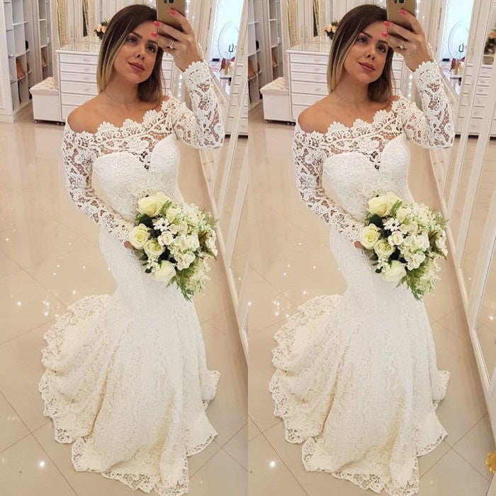 AmazingLong Sleeves Appliques Mermaid Wedding Bridal Dress