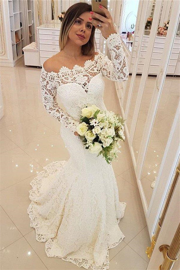 AmazingLong Sleeves Appliques Mermaid Wedding Bridal Dress