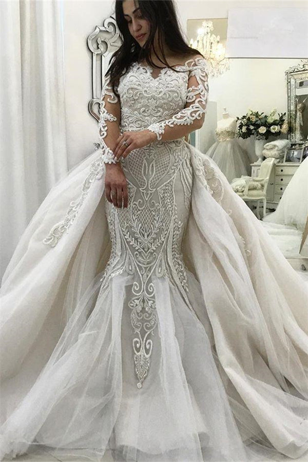 AmazingLong Sleeves Lace Mermaid Bridal Gowns Detachable Train New Arrival Ruffless Bridal Gowns