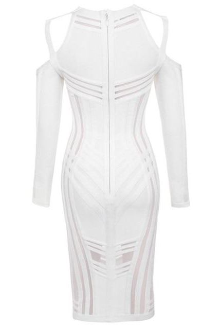 Amelia Long Sleeve Bandage Dress - Pearl White - Fashionpara