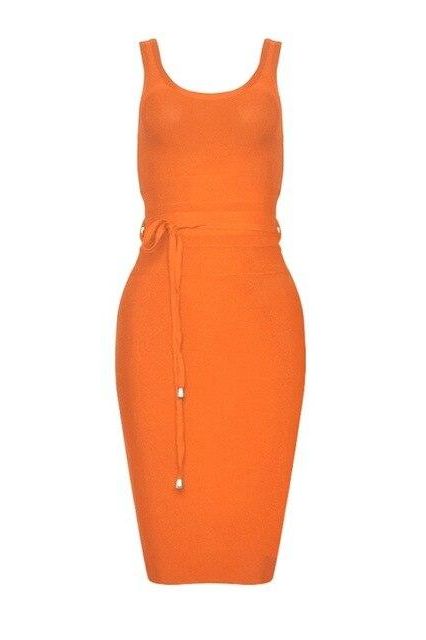 Woman wearing a figure flattering  Amy Bandage Dress - Apricot Orange Bodycon Collection