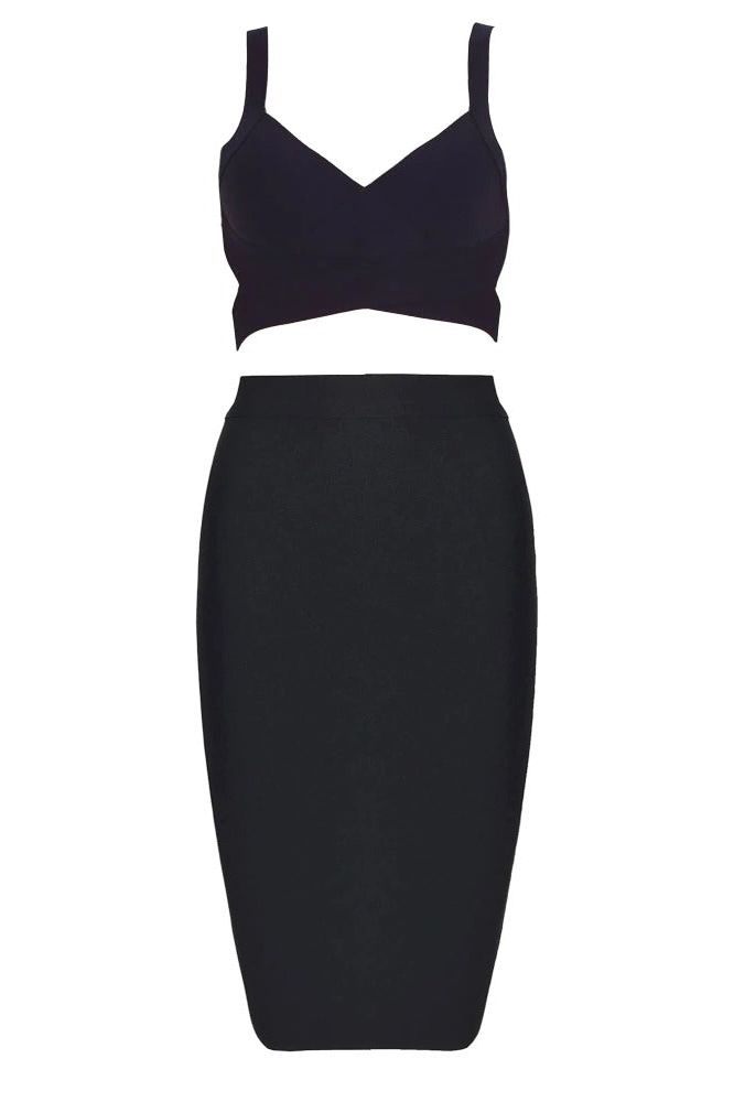 Woman wearing a figure flattering  Ang Bandage Top and Knee Length Skirt Set- Classic Black BODYCON COLLECTION