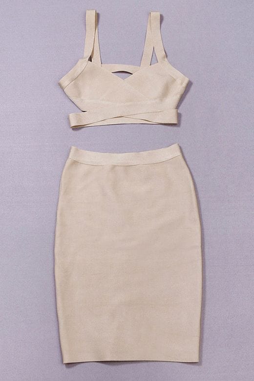 Ang Bandage Top and Knee Length Skirt Set- Cream - Fashionpara