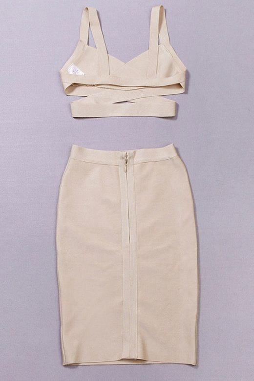 Ang Bandage Top and Knee Length Skirt Set- Cream - Fashionpara