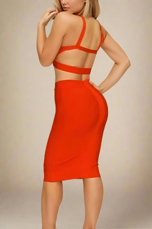 Ang Bandage Top and Knee Length Skirt Set - Lipstick Red - Fashionpara