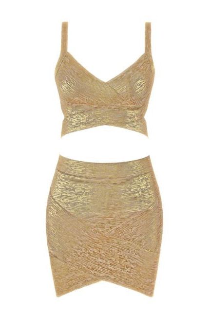 Ang Bandage Top and Mini Skirt Set - Gold - Fashionpara