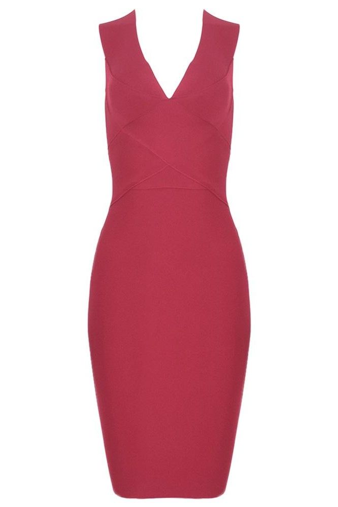 Woman wearing a figure flattering  Ash Bandage Dress - Red Wine Bodycon Collection