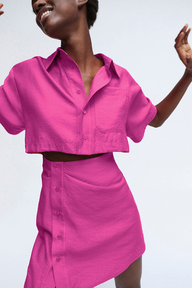 Asymmetric Button Down Short Sleeve Cutout Shirt Mini Dress - Pink - Fashionpara