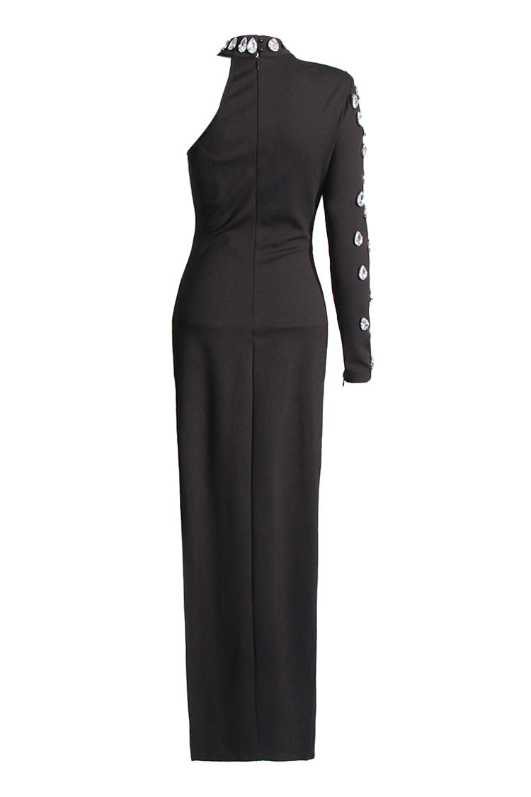 Asymmetric Crystal Mock Neck Long Sleeve Bodycon Split Evening Maxi Dress - Fashionpara