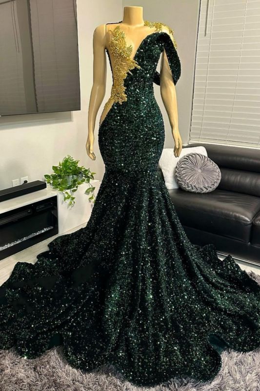 Asymmetrical Dark Green Sequined Mermaid Prom Dress with Gold 3D Crystals for Bodycon Party - Fashionpara