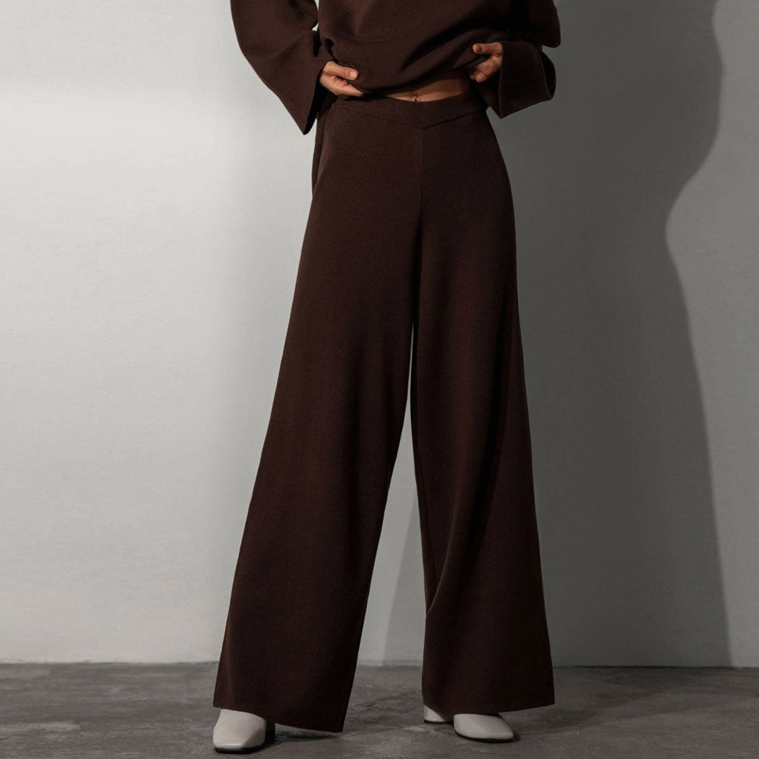 Asymmetric High Neck Bell Sleeve Sweater Wide Leg Pants Matching Set - Chestnut - Fashionpara