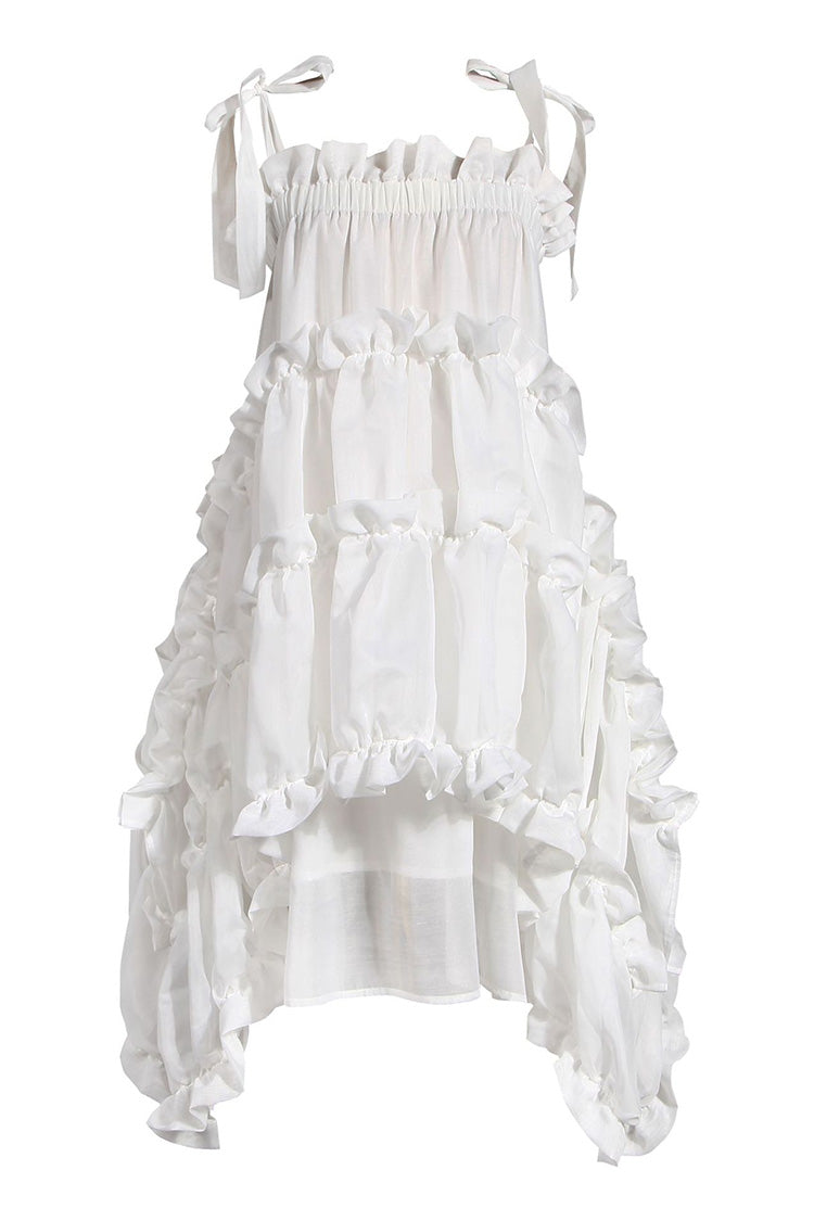 Asymmetric Layered Ruffled Tie Strap Square Neck Babydoll Mini Sundress