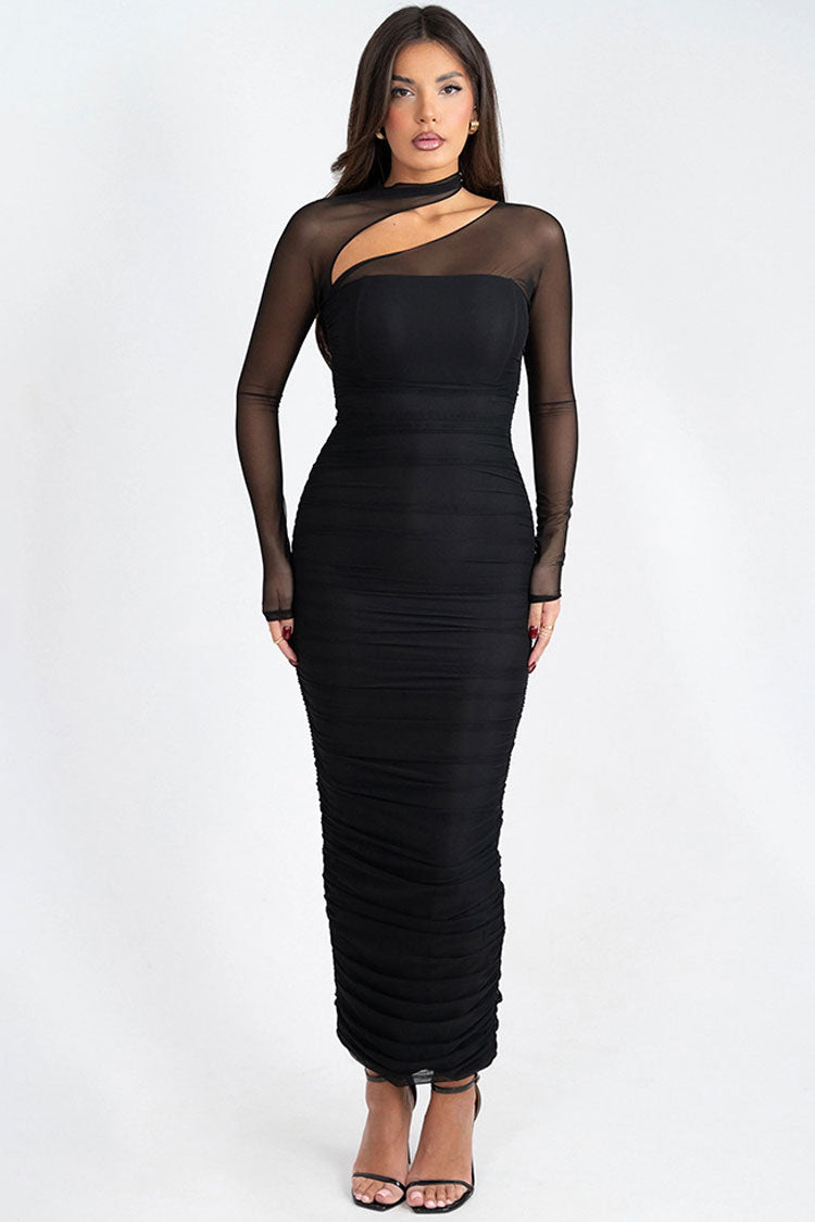 Asymmetric Mock Neck Cut Out Ruched Mesh Bodycon Evening Maxi Dress