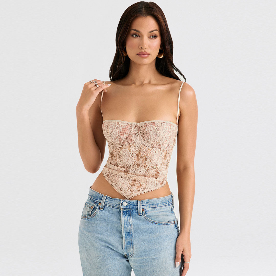 Asymmetric Paisley Lace Sweetheart Sleeveless Crop Tank Top - Apricot