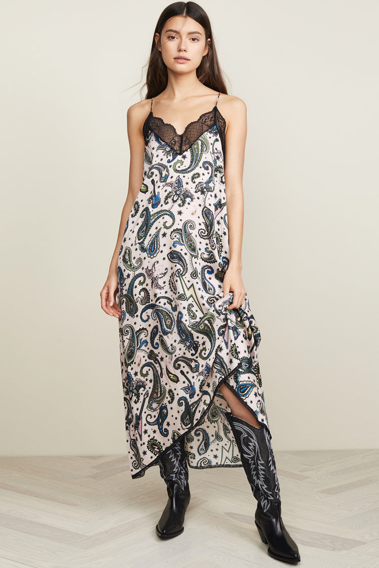 Asymmetric Paisley Lacy Spaghetti Strap French Slip Dress - Black - Fashionpara