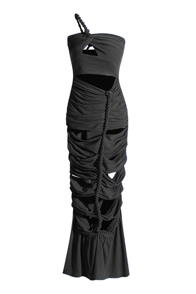 Asymmetric Rope One Shoulder Cut Out Ruched Mermaid Formal Maxi Dress - Fashionpara