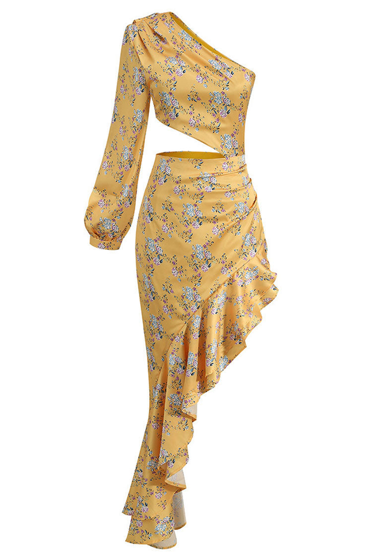 Asymmetric Ruffle Floral Printed One Shoulder Evening Dress - Yellow