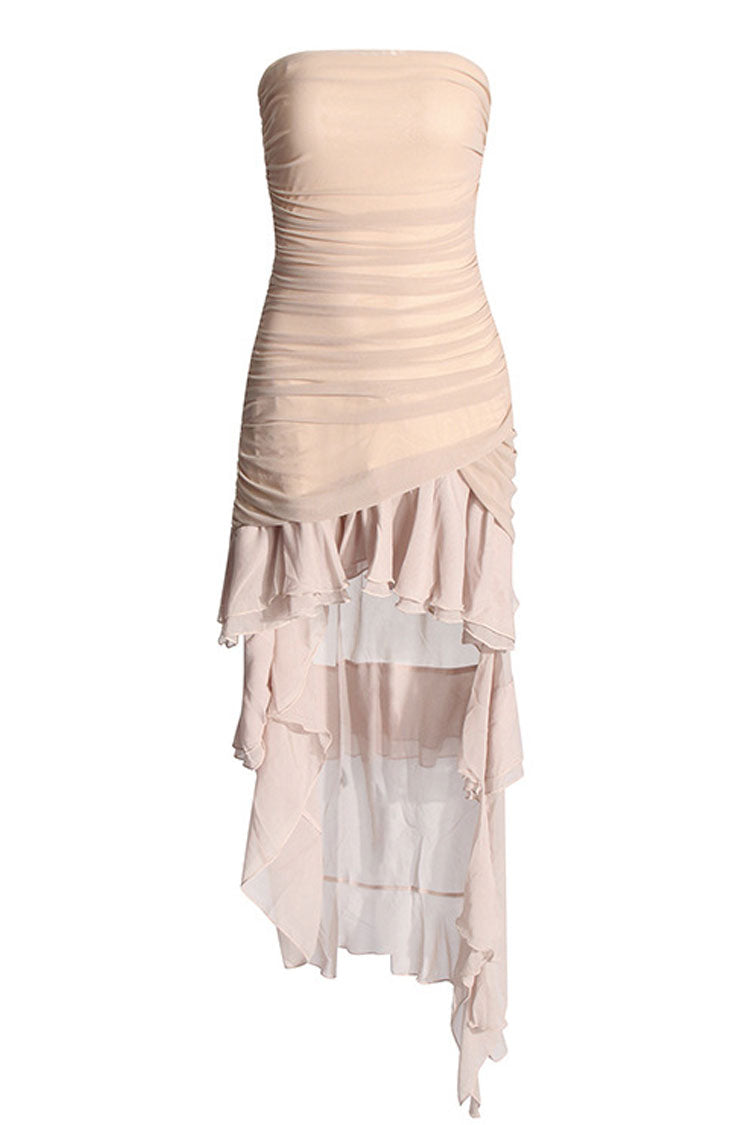 Asymmetric Strapless Ruched Mesh Panel Chiffon Tiered High Low Cocktail Dress