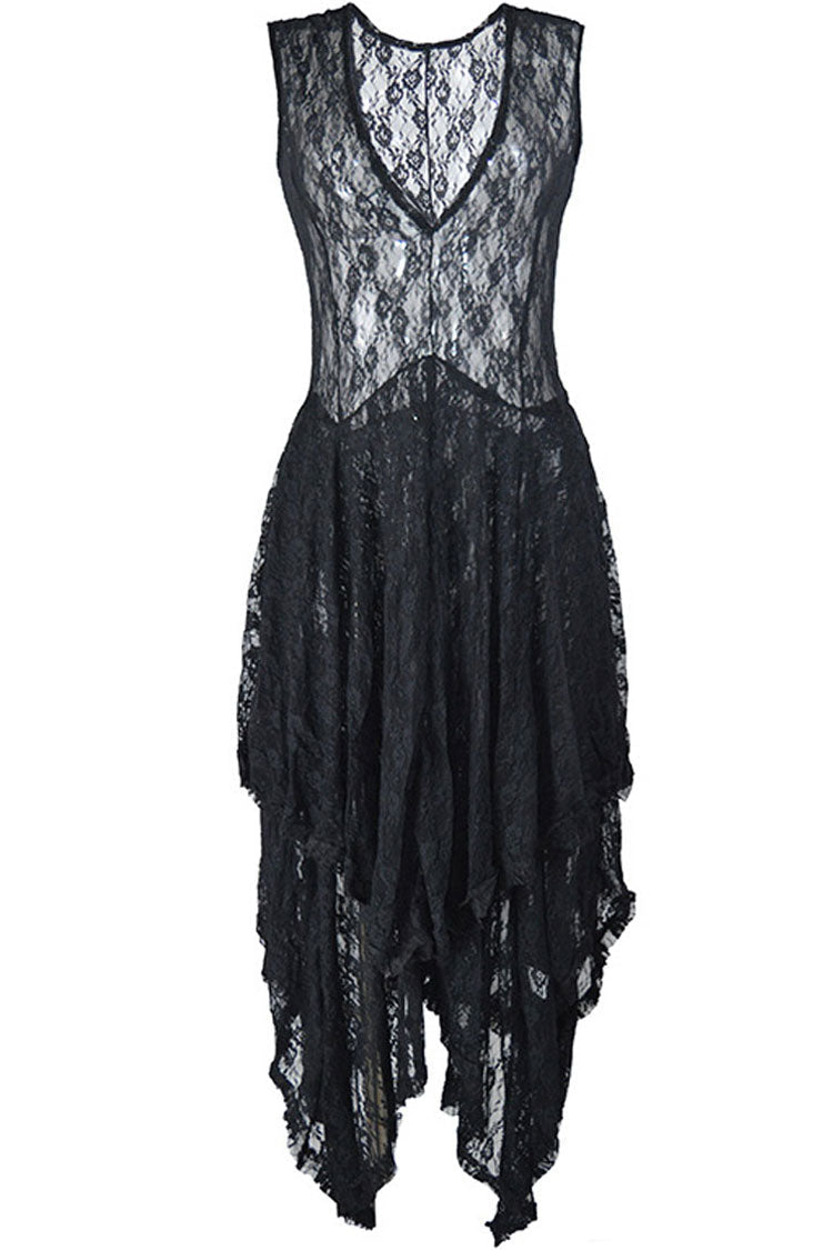 Asymmetric Tiered Ruffle Sleeveless Maxi Lace Dress - Black