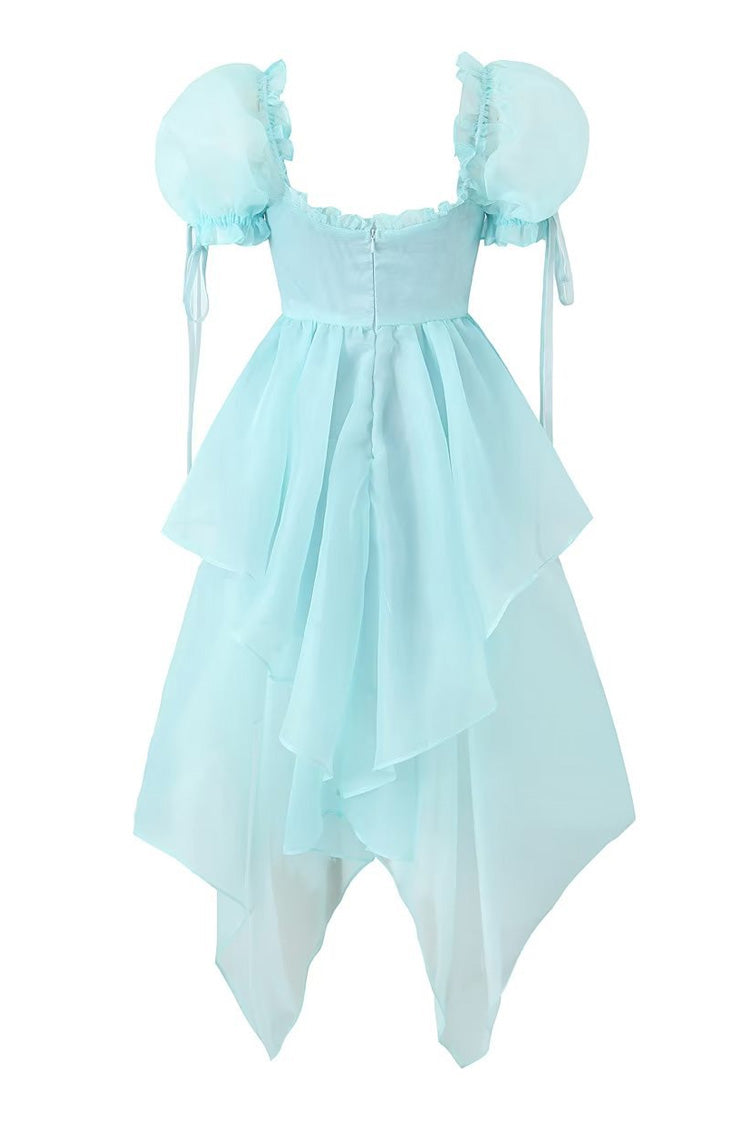 Asymmetrical Bow Tie Puff Sleeve Lace Up Organza Summer Ruffle Tiered Dress