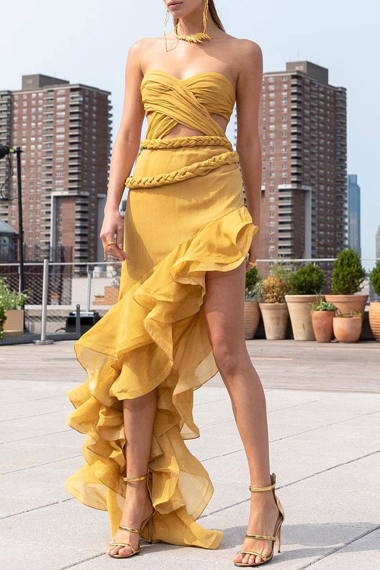 Asymmetrical Layered Ruffle Braided Cutout Strapless Maxi Evening Dress - Yellow - Fashionpara