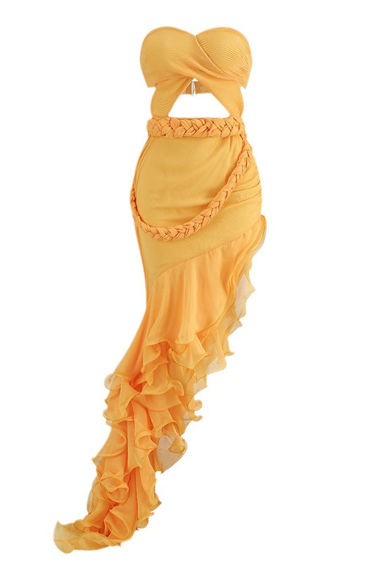 Asymmetrical Layered Ruffle Braided Cutout Strapless Maxi Evening Dress - Yellow - Fashionpara