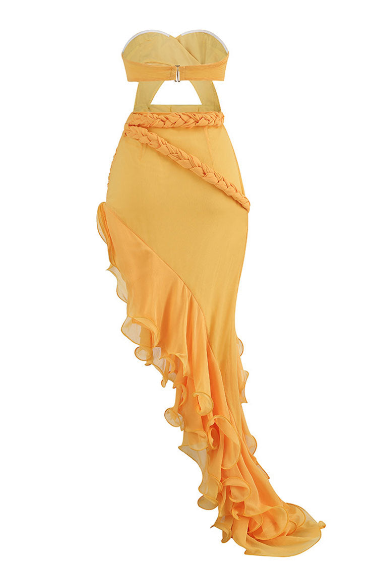 Asymmetrical Layered Ruffle Braided Cutout Strapless Maxi Evening Dress - Yellow - Fashionpara