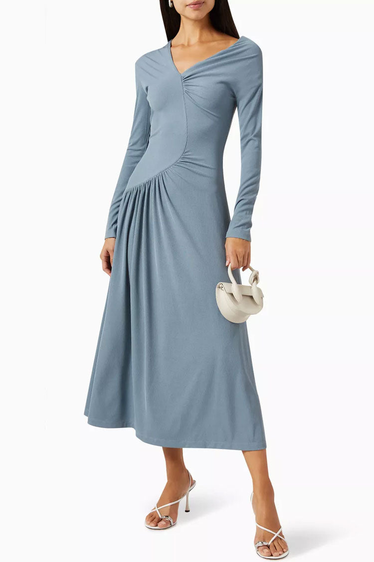 Asymmetrical Long Sleeve Ruched Detail Gradient Ribbed Jersey Midi Dress - Dusty Blue - Fashionpara